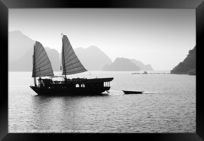 Junk in Halong Bay, Vietnam, black and white Framed Print by Delphimages Art