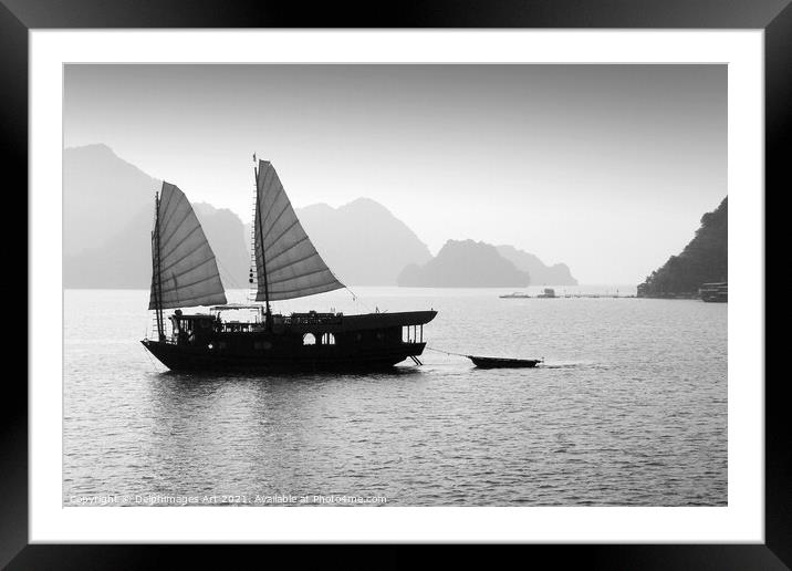 Junk in Halong Bay, Vietnam, black and white Framed Mounted Print by Delphimages Art