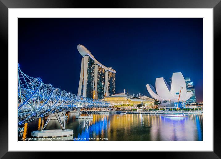Singapore at night, Helix bridge, Marina Bay Sands Framed Mounted Print by Delphimages Art