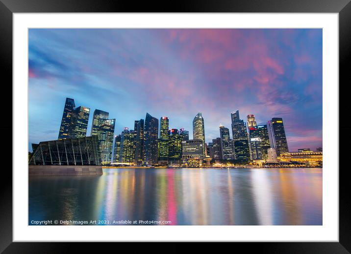 Singapore skyline view from Marina Bay at night Framed Mounted Print by Delphimages Art