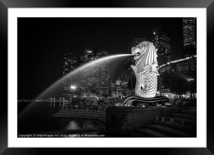 Singapore Merlion fountain, black and white Framed Mounted Print by Delphimages Art