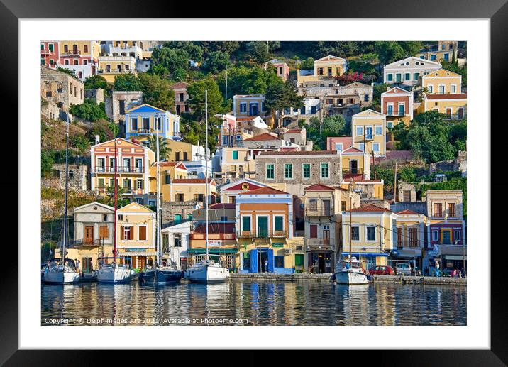 Symi harbour landscape, Dodecanese island, Greece Framed Mounted Print by Delphimages Art