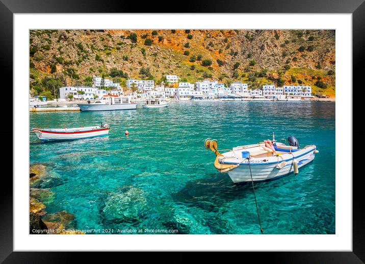 Crete, Greece. Fishing boat in the scenic village  Framed Mounted Print by Delphimages Art