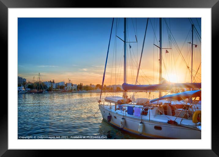 Sailing boat in the harbour of Kos at sunset, Greece Framed Mounted Print by Delphimages Art