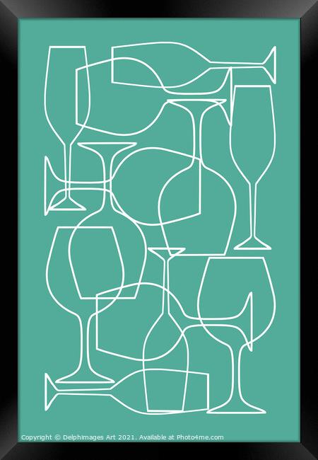 Wine glasses teal abstract. Modern mid century Framed Print by Delphimages Art