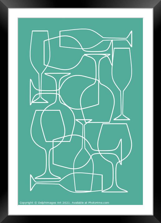 Wine glasses teal abstract. Modern mid century Framed Mounted Print by Delphimages Art