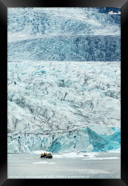 Iceland. Zodiac boat in glacier lagoon Framed Print by Delphimages Art