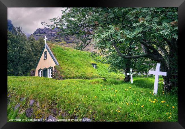 Iceland landscape. Scenic turf church in Hof Framed Print by Delphimages Art