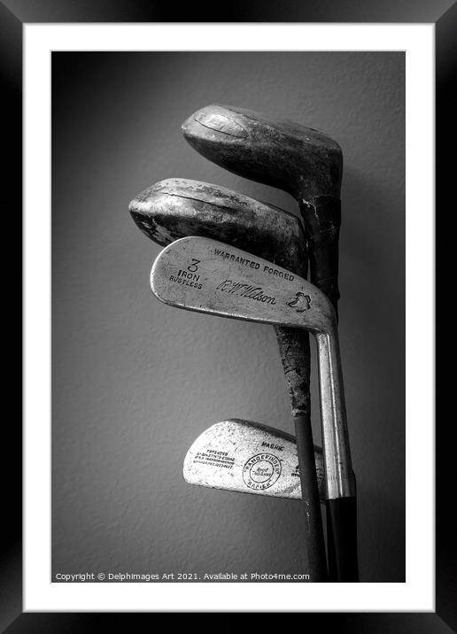 Vintage golf clubs black and white Framed Mounted Print by Delphimages Art