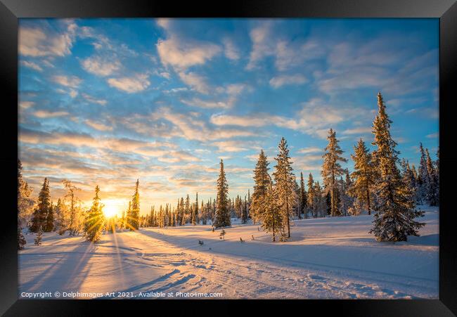 Winter sunset, snowy landscape in Lapland Framed Print by Delphimages Art
