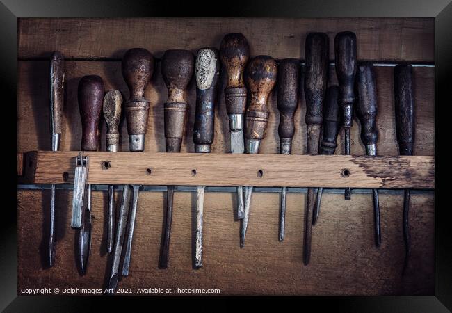 Old rustic tools, vintage workshop Framed Print by Delphimages Art