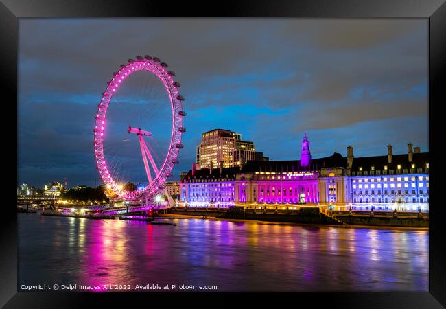 London Eye and river Thames at night Framed Print by Delphimages Art