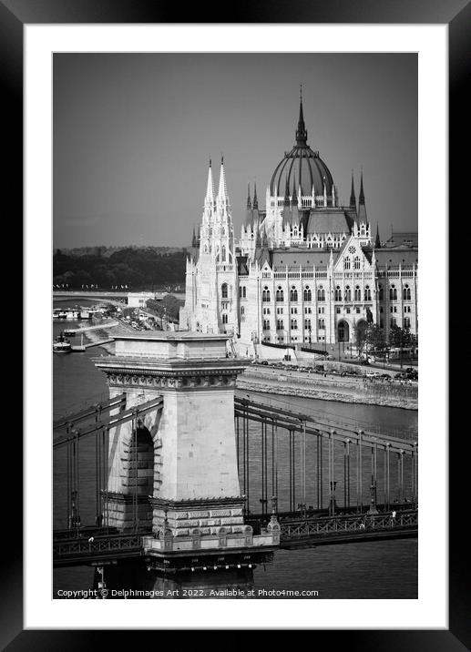 Budapest parliament and Chain bridge Framed Mounted Print by Delphimages Art