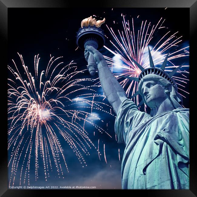 Statue of Liberty, New York fireworks Framed Print by Delphimages Art