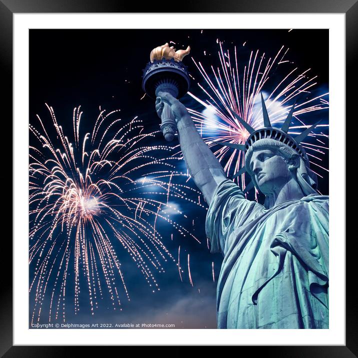 Statue of Liberty, New York fireworks Framed Mounted Print by Delphimages Art