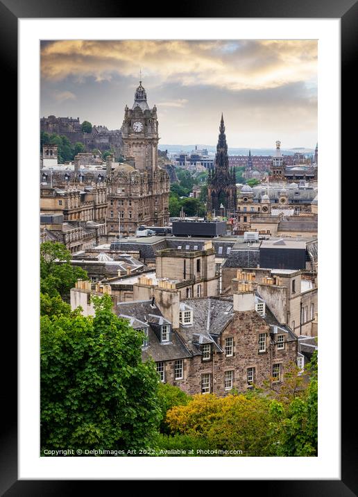 Edinburgh skyline at sunset, view from Calton Hill Framed Mounted Print by Delphimages Art