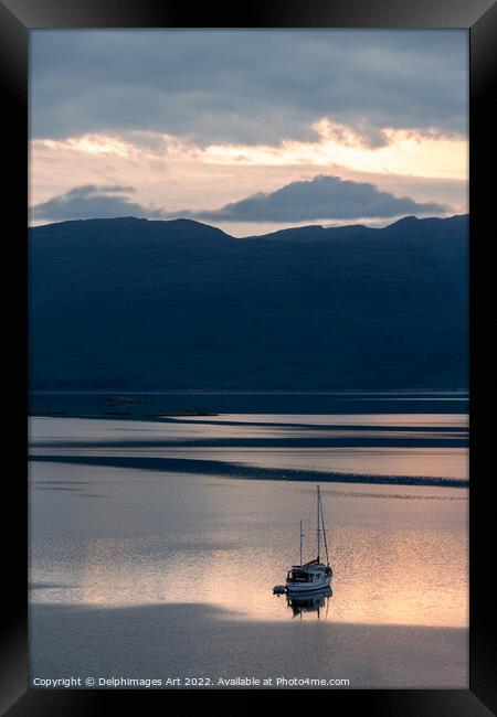 Sailing boat at sunset in Loch Carron, North West  Framed Print by Delphimages Art