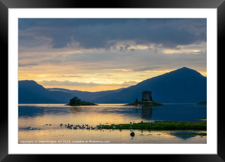 Castle Stalker on Loch Laich at sunset, Argyll, Sc Framed Mounted Print by Delphimages Art