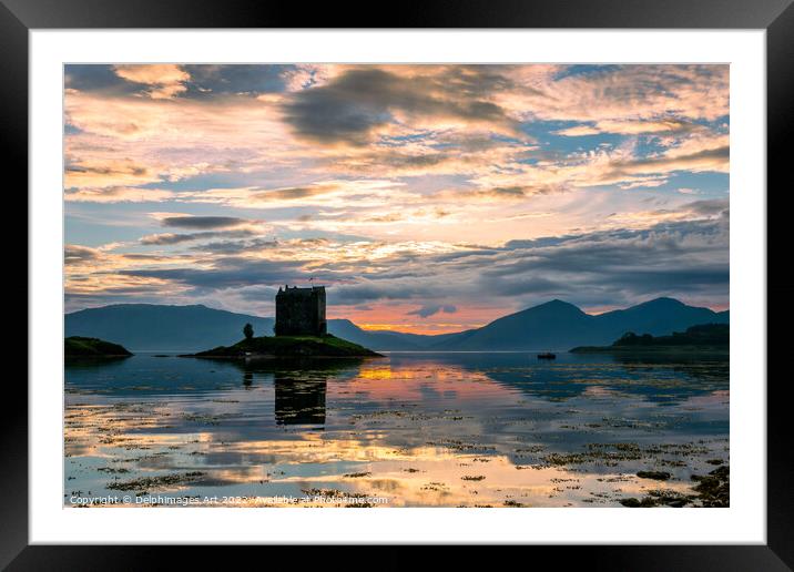 Castle Stalker with water reflections at sunset, S Framed Mounted Print by Delphimages Art