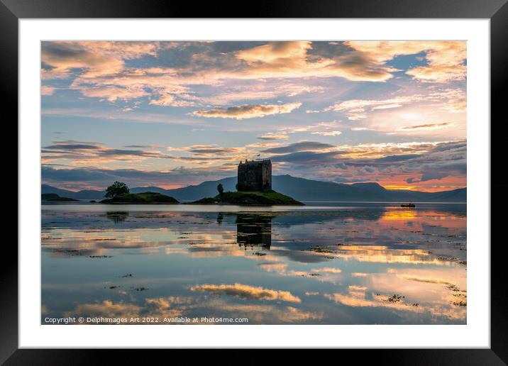 Castle Stalker with water reflections at sunset Framed Mounted Print by Delphimages Art