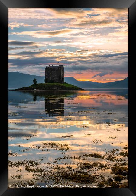 Castle Stalker on Loch Laich at sunset Framed Print by Delphimages Art