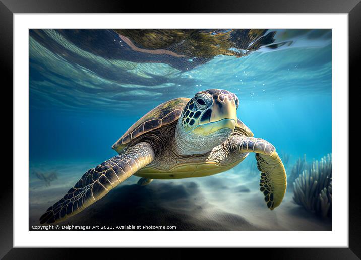 Green sea turtle underwater Framed Mounted Print by Delphimages Art