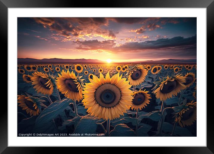 Sunflower field at sunset Framed Mounted Print by Delphimages Art