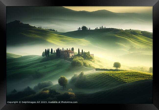 Tuscany misty landscape in spring Framed Print by Delphimages Art