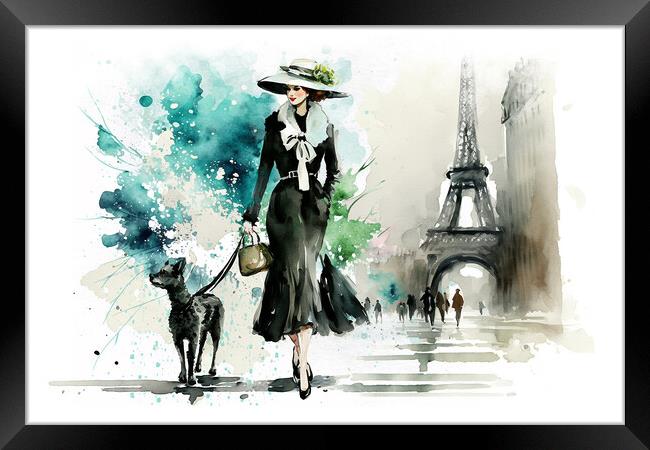 La Parisienne, elegant woman in Paris watercolor Framed Print by Delphimages Art