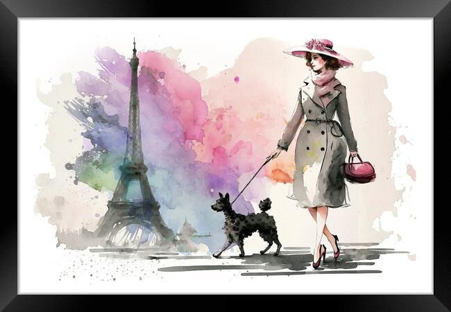 Walking the dog in Paris, Eiffel tower watercolor Framed Print by Delphimages Art