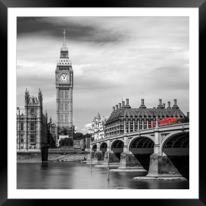 Bus on Westminster bridge, Big Ben, London Framed Mounted Print by Delphimages Art