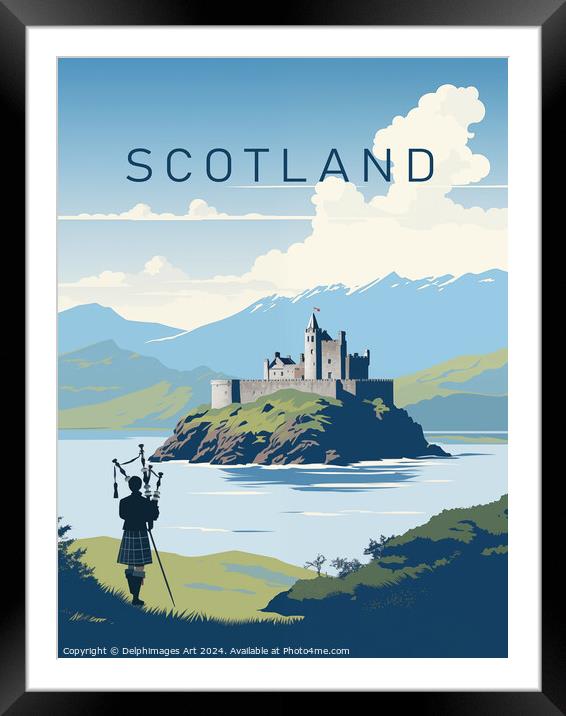 Scotland bagpiper, vintage travel poster Framed Mounted Print by Delphimages Art