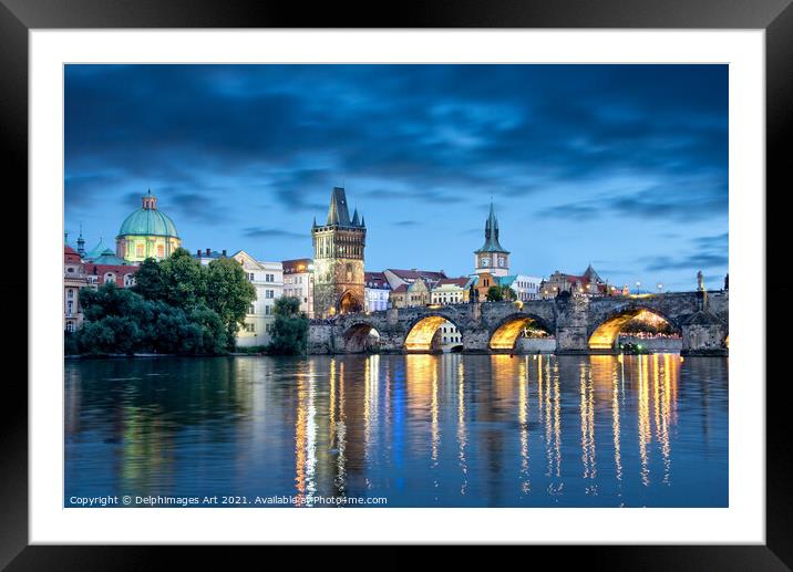 Prague. Charles bridge at night, Czech republic Framed Mounted Print by Delphimages Art