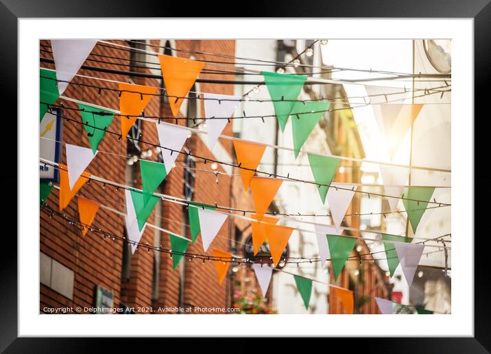 Irish flags garlands, Saint Patrick day in Dublin Framed Mounted Print by Delphimages Art