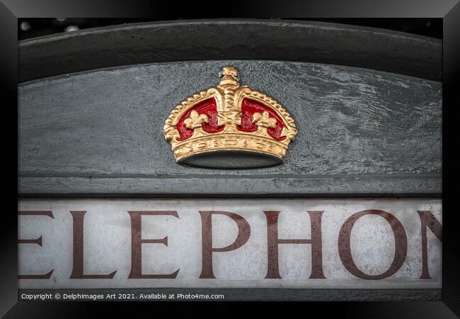 Royal crown on a telephone box in Bath Framed Print by Delphimages Art