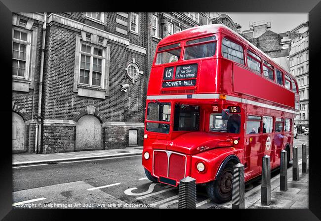 London. Red double decker vintage bus in a street Framed Print by Delphimages Art