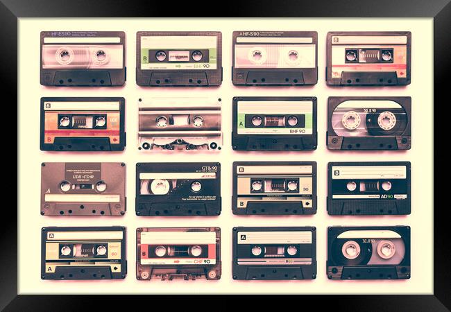 Collection of cassette tapes, vintage music Framed Print by Delphimages Art