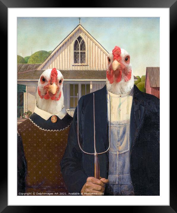 Portrait of chickens  farmers of America Gothic Framed Mounted Print by Delphimages Art