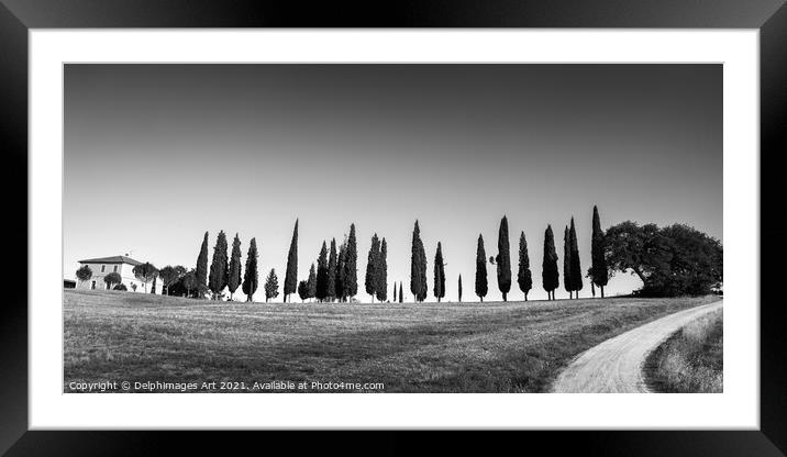 Tuscan panorama black and white, Tuscany Framed Mounted Print by Delphimages Art