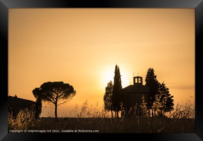 Tuscany Italy. Vitaleta Chapel at sunset Framed Print by Delphimages Art