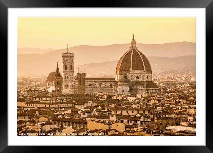 Aerial view of Florence at sunset with the Duomo Framed Mounted Print by Delphimages Art