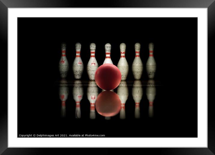 Strike, bowling ball and pins aligned on black  Framed Mounted Print by Delphimages Art