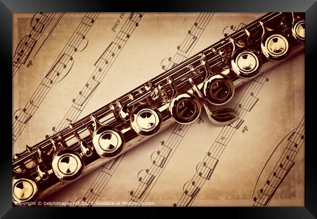 Flute vintage style, sheet music background Framed Print by Delphimages Art