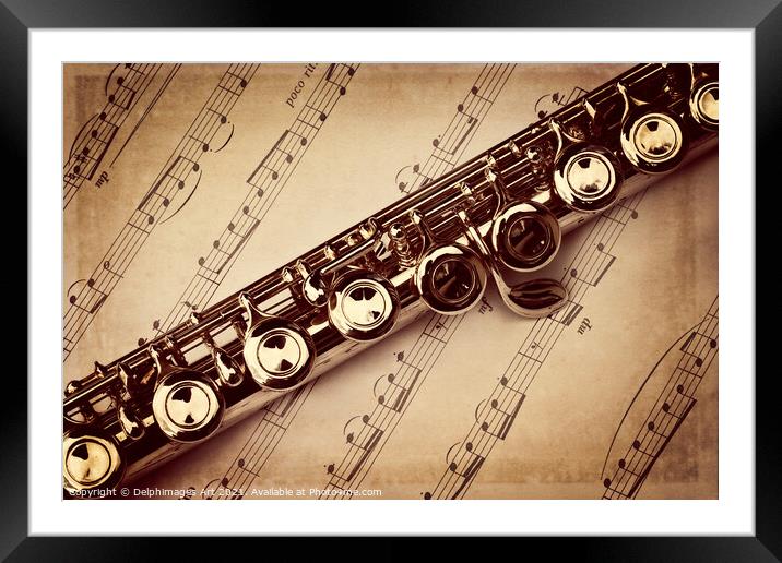 Flute vintage style, sheet music background Framed Mounted Print by Delphimages Art