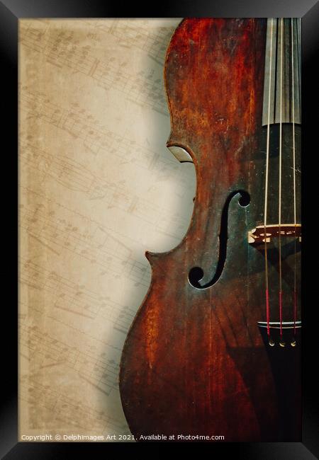 Ancient cello on textured vintage sheet music Framed Print by Delphimages Art