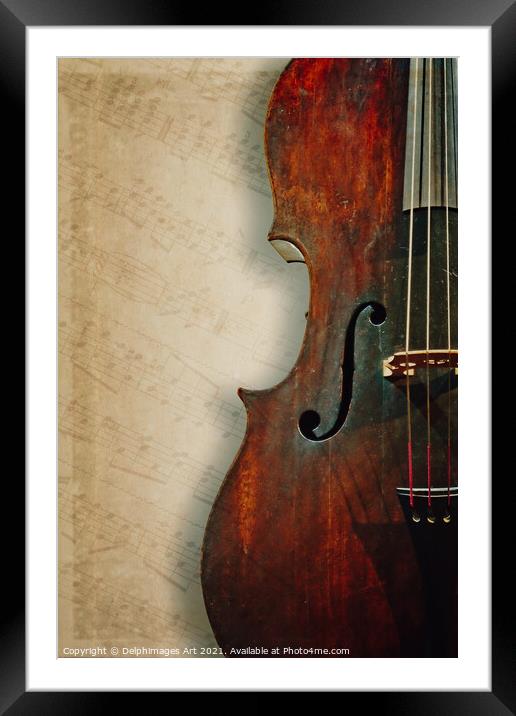 Ancient cello on textured vintage sheet music Framed Mounted Print by Delphimages Art