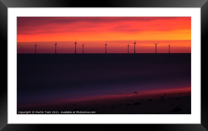 Electric. Orange dawn with wind farm and beach Framed Mounted Print by Martin Tosh