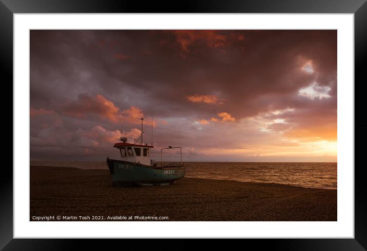 Beached. Fishing boat on shingle beach Framed Mounted Print by Martin Tosh