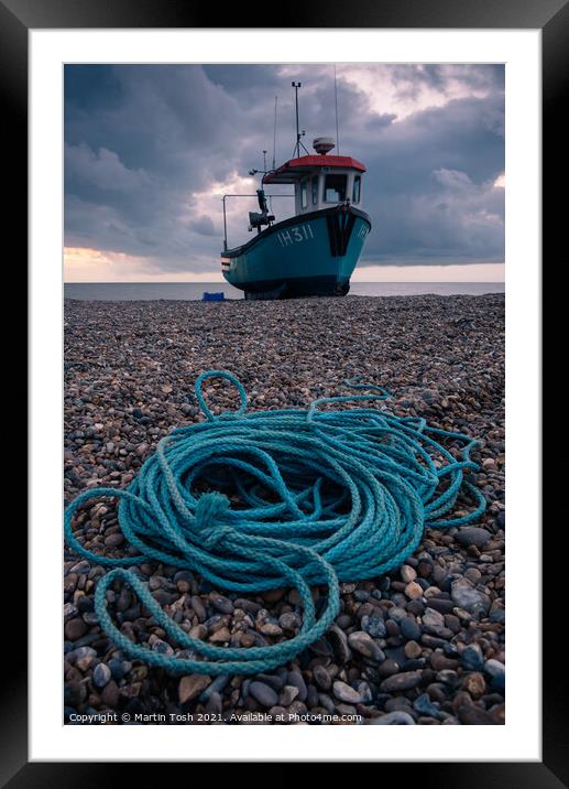 Ropey. Fishing boat and rope on shingle beach Framed Mounted Print by Martin Tosh