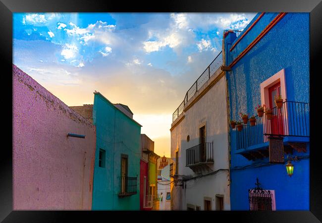 Guanajuato, Mexico, Scenic cobbled streets and traditional colorful colonial architecture in Guanajuato historic city center Framed Print by Elijah Lovkoff